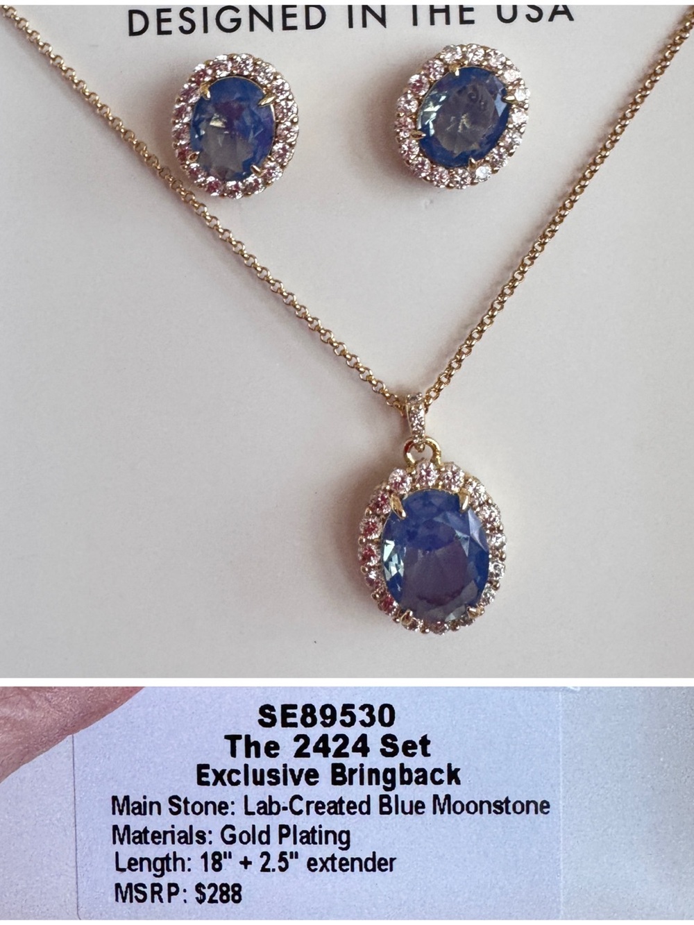 Lab-Created Blue Moonstone Necklace and Earring Set - Gold Plated